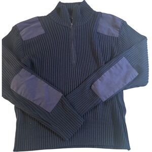 Men's Navy Blue Ribbed Quarter Zip Sweater Elbow Patche Grandpa Vintage Military